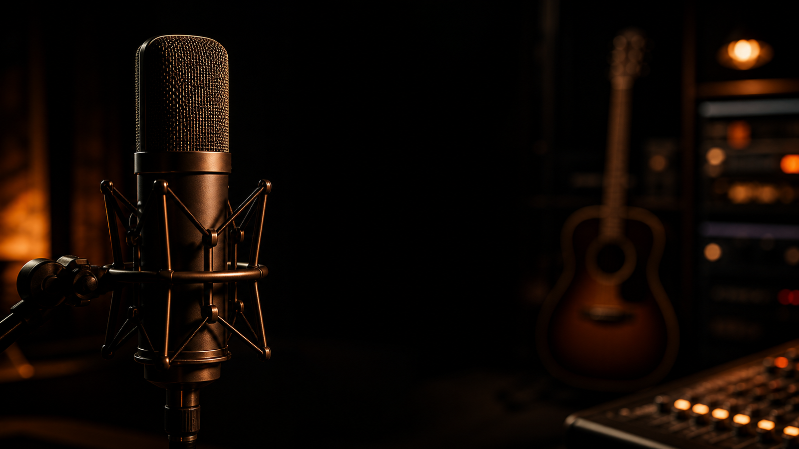 Cinematic Indian music studio with warm stage lighting